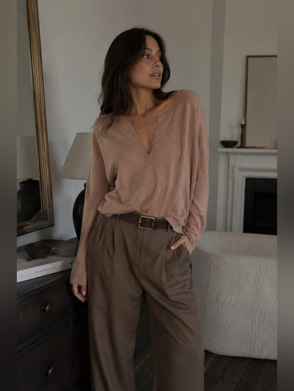 Zadig & Voltaire Celsa 100% Cashmere Sweater M Raw Edge Henley Quiet Luxury